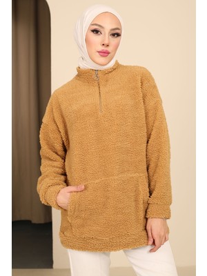 İmaj Butik Bisküvi Yarım Fernuarlı Cepli Peluş Sweatshirt