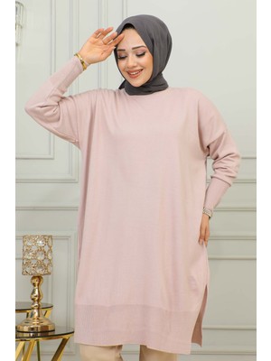 Pudra Bisiklet Yaka Merserize Salaş Triko Tunik