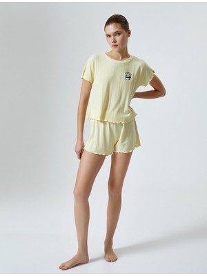 Koton Şortlu Pijama Takımı Nakışlı Fitilli Kısa Kollu Modal