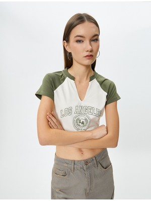 Koton Kolej Crop Tişört V Yaka Kısa Kollu Pamuklu