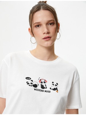 Koton Panda Baskılı Tişört Kısa Kollu Bisiklet Yaka Pamuklu