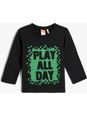 Koton Tişört Baskılı Uzun Kollu Bisiklet Yaka Pamuklu