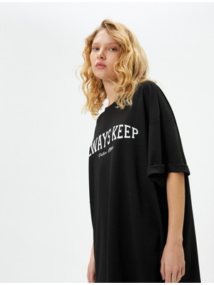 Koton Oversize Spor Tişört Yarım Kollu Bisiklet Yaka Baskı Detaylı