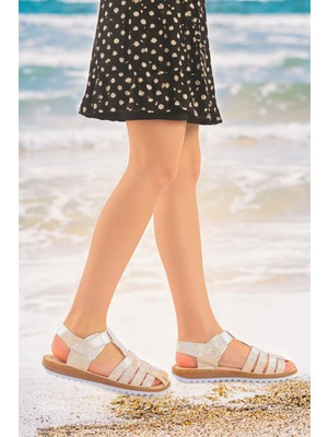 Kiko Kids Kız Çocuk Sandalet Arz 2348 Sedef Renk Mikrofiber Malzemeden Üretilmiş Bantlı-Cırtlı
