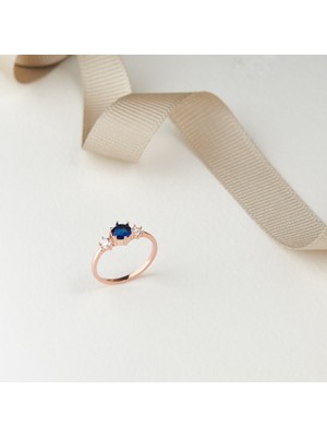 Siset Gümüş 925 Ayar Rose Kaplama Safir Taşlı Gümüş Yüzük