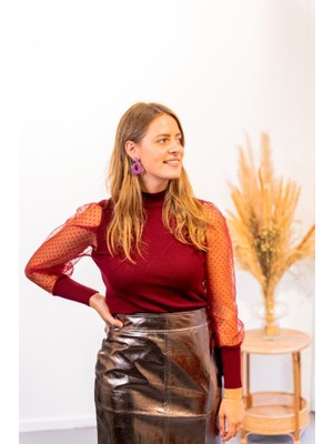 Stock Mount Kadınkolu Tül Detaylı Yarım Balıkçı Kaşkorse Bluz