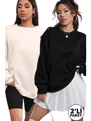 Millionaire Kadın 2'li Paket Ekru Beyaz ve Siyah Basic 0 Sıfır Yaka Baskısız Düz Oversize Salaş Bol Kesim Polar Sweatshirt