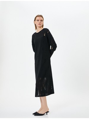 Koton Midi Ajurlu Elbise Bisiklet Yaka Uzun Kollu