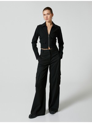 Koton Fermuarlı Crop Tişört Kargo Cep Uzun Kollu