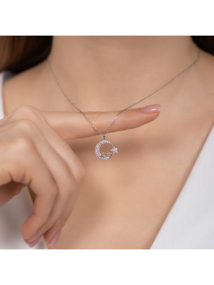 Hom Silver Jewelry 925 Ayar Gümüş Zirkon Taş Işlemeli Ay Yıldızlı Sonsuzluk Kadın Kolye HSJ0004