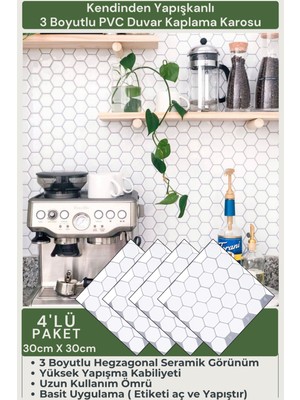 Technojet Kendinden Yapışkanlı 3D Hegzagonal Seramik Görünümlü Mutfak Tezgah Kaplama 30CM×30CM 4'lü