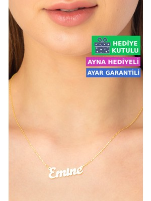 Jewelmim Emine Gümüş İsimli Kolye 18 Ayar Sarı Altın Kaplama Kişiye Özel İsim Yazılı 925 Ayar Kadın Gümüş İsimli Kolye Bayan İsimli Kolye Kişiye Özel İsim Kolye İsim Kolyesi