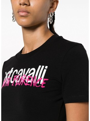 Just Cavalli Bisiklet Yaka Baskılı Siyah Kadın T-Shirt 75PAHG04