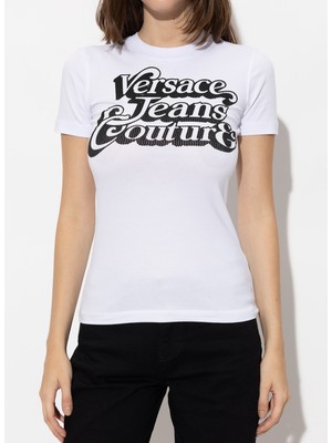 Versace Jeans Couture Bisiklet Yaka Baskılı Beyaz Kadın T-Shirt 75HAHG02