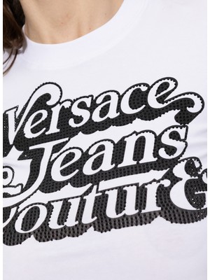 Versace Jeans Couture Bisiklet Yaka Baskılı Beyaz Kadın T-Shirt 75HAHG02