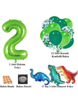 Patladı Gitti 2 Yaş Dinazor Set; Rakam Folyo, 3 Adet Mini Dinazor ve 10 Lu Balon