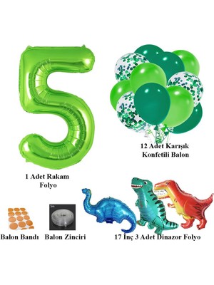 Patladı Gitti 5 Yaş Dinazor Set; Rakam Folyo, 3 Adet Mini Dinazor ve 10 Lu Balon