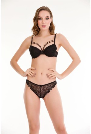 Anıl Women's Black 4790 Lace Push-up Bustier Panty Set - Trendyol