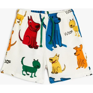 Şort Köpek Baskılı Dokulu Beli Bağlamalı Pamuklu