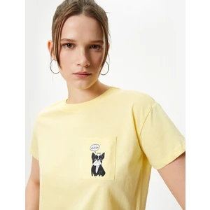 Cep Detaylı Baskılı Tişört Pamuklu Kısa Kollu Bisiklet Yaka