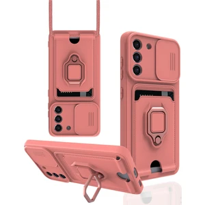 M.TK Moveteck Samsung Galaxy S21 Fe Kılıf Kamera Lens Korumalı Sürgülü Askılı Silikon Ip Boyun Askılı Kartvizitli Cüzdan Yumuşak Silikon Yüzüklü Standlı Military Zırh Tank Armor Telefon Kılıfı Kızaklı