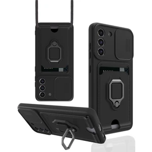 M.TK Moveteck Samsung Galaxy S21 Fe Kılıf Kamera Lens Korumalı Sürgülü Askılı Silikon Ip Boyun Askılı Kartvizitli Cüzdan Yumuşak Silikon Yüzüklü Standlı Military Zırh Tank Armor Telefon Kılıfı Kızaklı