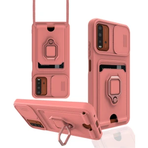 Xiaomi Redmi 9t Kılıf Kamera Lens Korumalı Sürgülü Askılı Silikon Ip Boyun Askılı Kartvizitli Cüzdan Yumuşak Silikon Yüzüklü Standlı Military Zırh Tank Armor Telefon Kılıfı Kızaklı Poco M3 Uyumlu