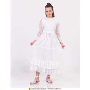 Ramon & Artos Tül Uzunkol Eteği Katlı Büzgülü Şifon Kız Elbise