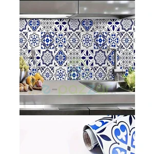 5 Metre x 60 cm Retro Mavi Çini Desenli Mutfak Banyo Fayans Tezgah Masa Dekorasyon Yapışkanlı Folyo