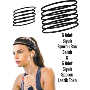 6'lı Sporcu Saç Bandı - Yoga Saç Bandı - 5'li Yuvarlak Saç Lastiği Siyah Ikili Set