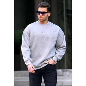 Gri Bisiklet Yaka Oversize Şardonlu Basic Erkek Sweatshirt 6048