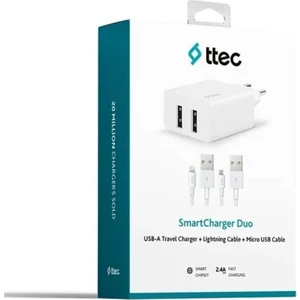 2SCS21DB Smartcharger Duo Seyahat Sarj Aletı Cıft USB 2.4A + Lıghtnıng ve Mıcro USB Kablo Beyaz