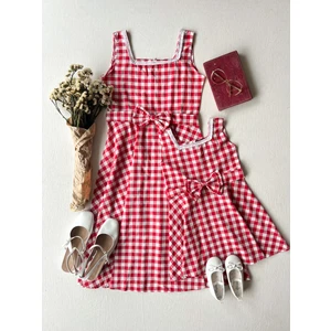 Küçüğüm Butik Kırmızı Pötikare Askılı Kare Yaka Anne-Kız Çocuk Kombin