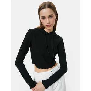 Kapüşonlu Tişört Baskılı Crop Uzun Kollu