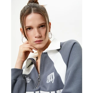 Polo Yaka Sweatshirt Yarım Fermuarlı Renk Bloklu Aplike ve Işleme Detaylı