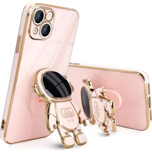 M.TK Moveteck Apple Iphone 14 Kılıf Astronot Standlı Ayıcık Parlak Altın Gold Kenarlı