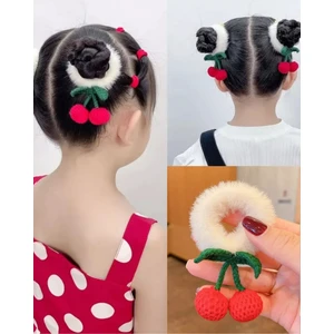 Örgü Kiraz Peluş Lastikli Saç Tokası, Çocuk Tokası, Okul Tokası