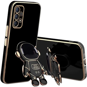 M.TK Moveteck Samsung Galaxy A13 Kılıf Astronot Standlı Ayıcık Parlak Altın Gold Kenarlı