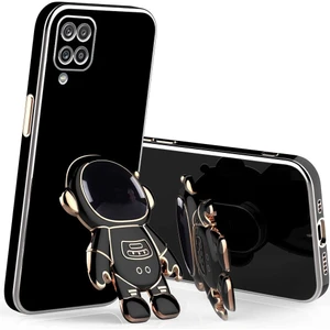 M.TK Moveteck Samsung Galaxy A12 / M12 Uyumlu Kılıf Astronot Standlı Ayıcık Parlak Altın Gold Kenarlı