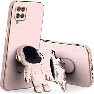 M.TK Moveteck Samsung Galaxy A12 / M12 Uyumlu Kılıf Astronot Standlı Ayıcık Parlak Altın Gold Kenarlı