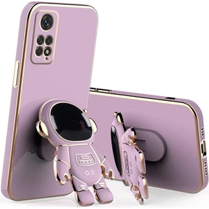 M.TK Moveteck Xiaomi Redmi Note 11 - Note 11S Uyumlu Kılıf Astronot Standlı Ayıcık Parlak Altın Gold Kenarlı