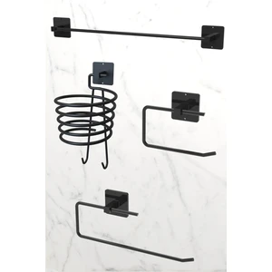 Yapışkanlı 4 Lü Siyah Fön Makinesi Askısı Havlu Askısı Wc Tuvalet Kağıtlık Rulo Havluluk Banyo Set