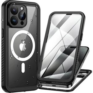 M.TK Moveteck Apple Iphone 15 Pro Max Kılıf 360 Derece Su Geçirmez Telefon Kılıfı Toz Geçirmez Zırh Tank Kapak Case Military Waterproof Magsafe Destekli Arkası Şeffaf Armour Ip-68