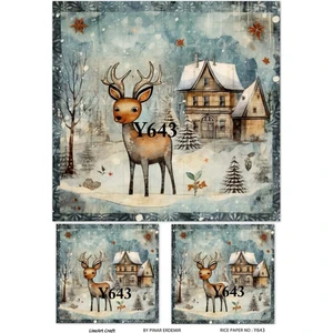 Y643 Yeniyıl Geyik Kar Ev Desenli Pirinç Dekopaj 30 x 42 cm
