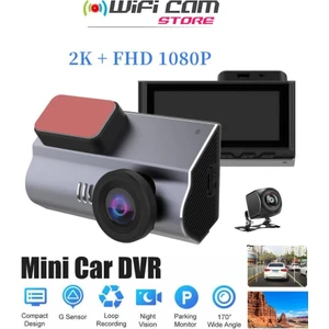Wificam Plus 2k Ekranlı 2 Kameralı Wifi Araç Kamerası +Park Kiti Dahili Mini Ekran ve Yüksek Çözünürlüklü Video Kayıt
