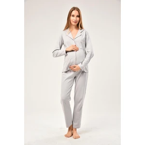 Interlok Düğmeli Hamile Lohusa Uzun Kol Pijama Takımı 1354-01