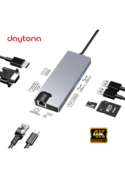 FC09 Macbook Uyumlu Type-C To 4K 1080P Hd HDMI 1000 Mbps Gigabit Ethernet RJ45 Pd Sd Kart 2* USB 3.0 VGA 8ın1 Çevirici Hub Adaptör