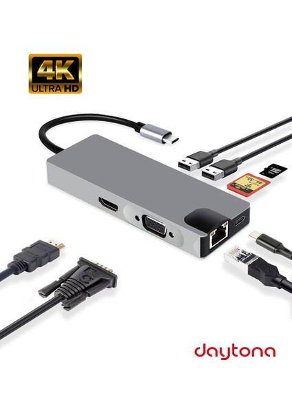 FC09 Macbook Uyumlu Type-C To 4K 1080P Hd HDMI 1000 Mbps Gigabit Ethernet RJ45 Pd Sd Kart 2* USB 3.0 VGA 8ın1 Çevirici Hub Adaptör