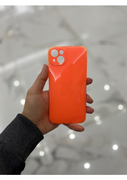Apple iPhone 15 Plus Kamera Korumalı Simli Renkli Turuncu Silikon Kılıf