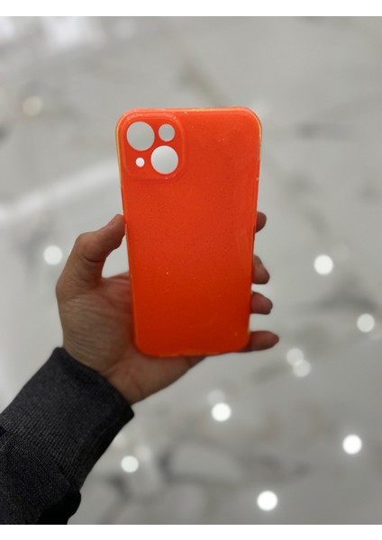 Apple iPhone 15 Plus Kamera Korumalı Simli Renkli Turuncu Silikon Kılıf modelleri